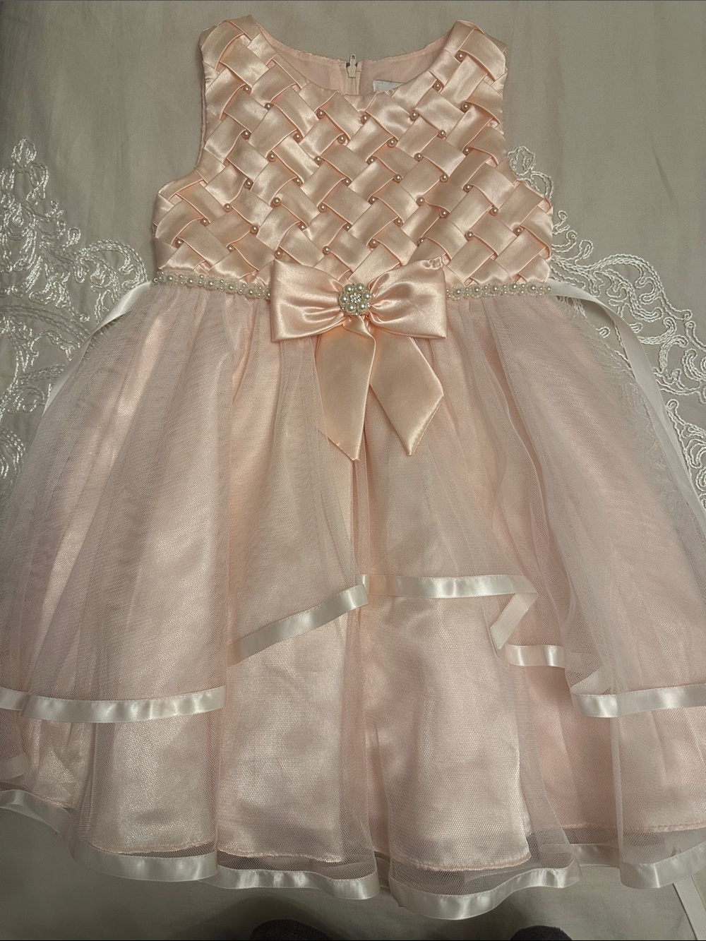 Rare Editions Blush Pink Satin Woven Bodice Tulle Party Dress with Bow